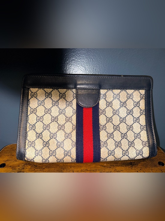 Gucci Handbags - Gucci Sherry Line Beige GG Canvas Clutch with Navy and Red Web Stripe